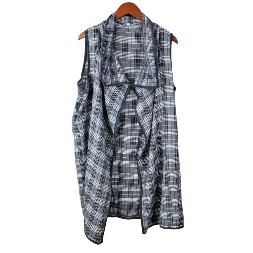 Jordann Vest Jacket Size 2X 2XL Waterfall Drape Front Plaid Lightweight Gray